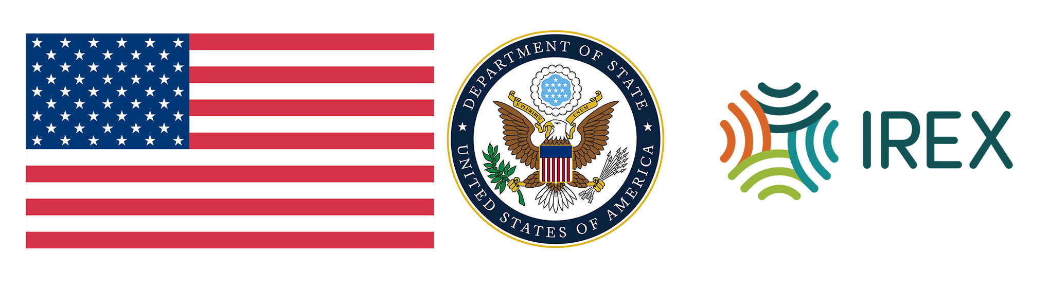 3 Logos, US Flag, US Department of State and IREX 